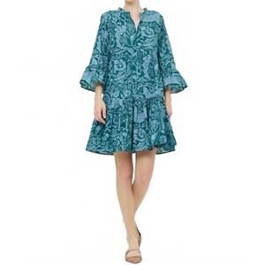 NEW OLIPHANT bell sleeve tiered mini dress in singita green